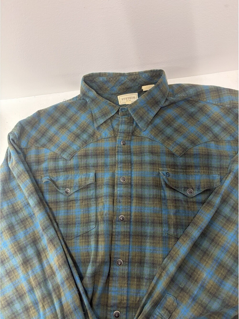 STETSON Flannel Western Shirt, Men’s XL, Green & Blue Plaid Black Pearl Snaps